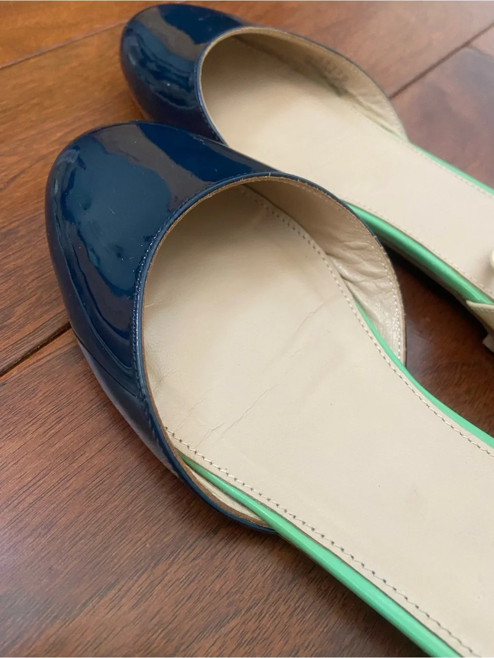 J. Crew Navy Patent D'Orsay Flats with Cream Ankle Strap